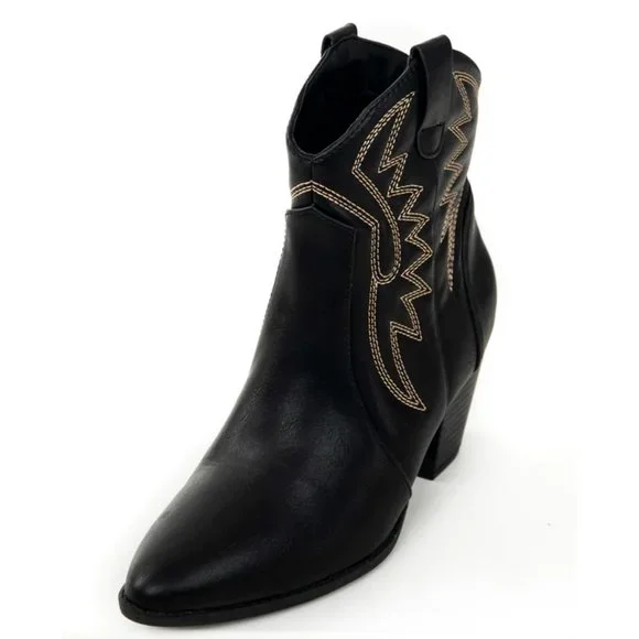 NEW Black Pointy Toe Block Heel Western Stitch Embroidery PU Leather Ankle Boots - Picture 7 of 10